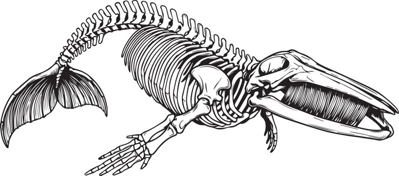 Basilosaurus Skeleton with Elongated Serpentine Body and Open Jaws, Detailed Engraving Style Black and White Vector Illustration
