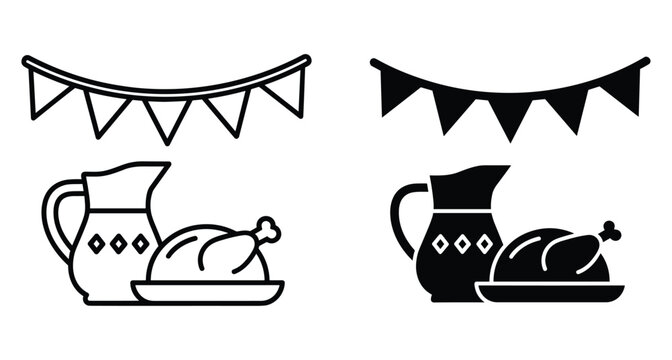 Roasted chicken on plate with pitcher and party bunting flags icon set in outline and solid black silhouette style