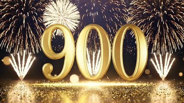 Golden number 900 with fireworks celebration background. 900th anniversary, milestone achievement, subscriber count, or follower celebration concept with sparkling gold glitter and bokeh.