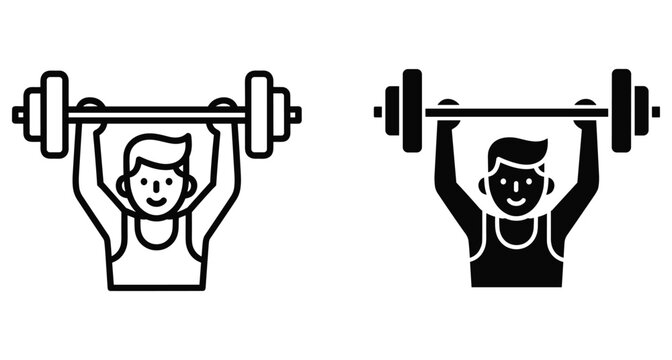 Weightlifter man lifting heavy barbell overhead exercise fitness workout gym training athlete bodybuilder strength power bodybuilding sport icon set collection