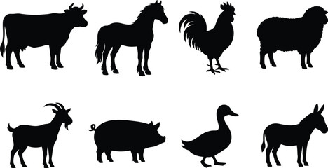 Farm animals black silhouette vector icon set featuring cow horse rooster sheep goat pig duck and donkey isolated on white background © ORCHONA