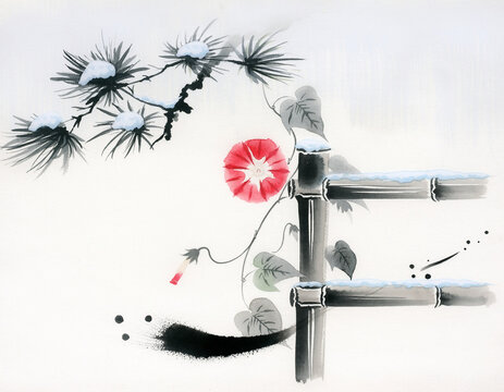 Centered sumi-e ink painting of red morning glory on bamboo fence with snow-covered pine branch, traditional Japanese minimalist art, high contrast illustration with ample copy space.