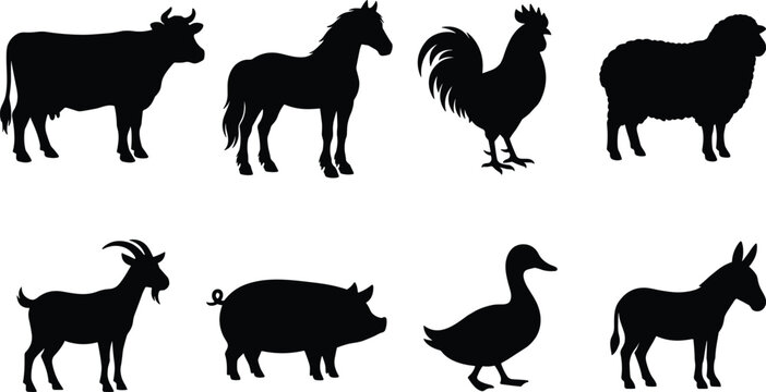 Farm animals black silhouette vector icon set featuring cow horse rooster sheep goat pig duck and donkey isolated on white background