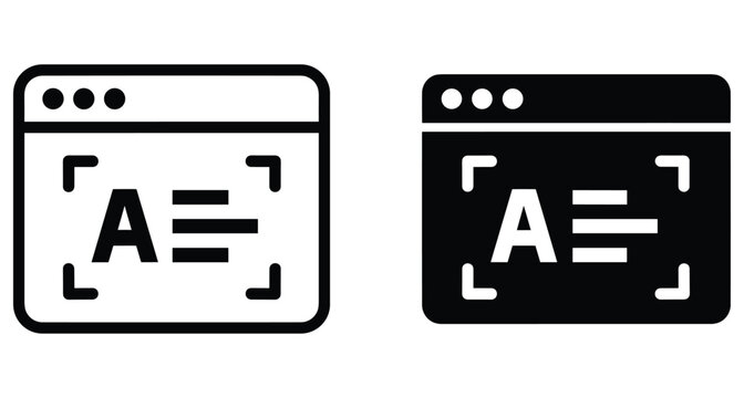 optical character recognition icon set showing web browser window with text scanning symbol for digital document processing and data extraction
