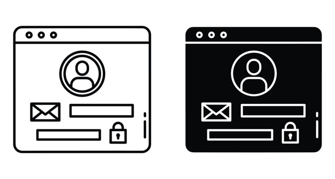 User login registration form interface icons with browser window profile avatar email envelope and secure lock symbol for web design