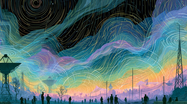 A surreal scene showing radio waves, Wi-Fi signals, and electromagnetic fields filling the sky