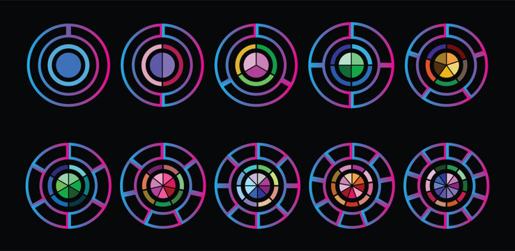 Pie charts. Pie charts diagram set. Circle pie charts 1,2,3,4,5,6,7,8,9,10, sections. Wheel round segment infographic part. Circle section graph. Pie charts diagrams. Pie charts Gradient.