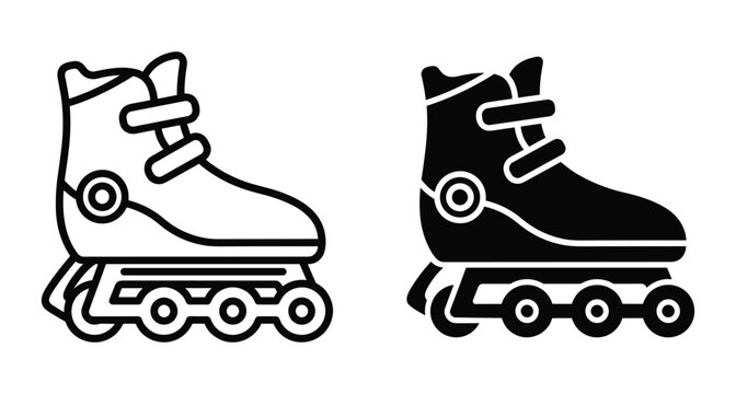 rollerblade inline skates icon set featuring outline and solid black glyph styles for sports fitness recreation and outdoor activity equipment
