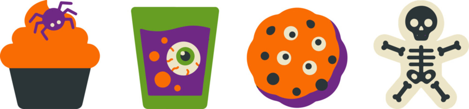 Halloween treat collection featuring cupcake with spider purple drink cookie and skeleton biscuit.