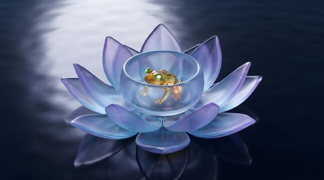 Transparent glass frog rests inside a crystal lotus flower on dark rippling water