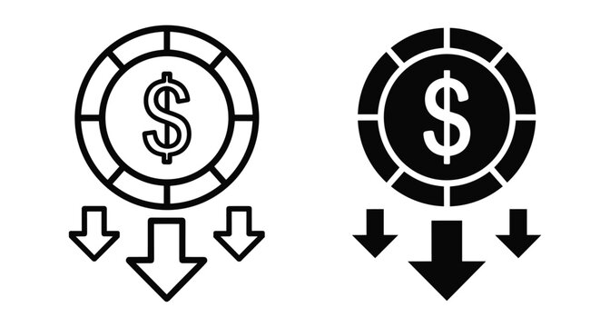Dollar coin with arrows pointing down representing financial loss economic crisis price drop and dollar coin with arrows pointing down