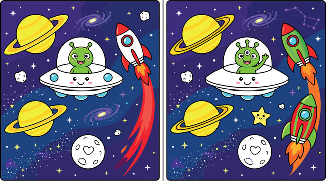 Find the Differences Educational Activity Page Template with Cute Cartoon Alien Spaceship Rockets and Planets Outer Space Background for Kids Puzzle Games