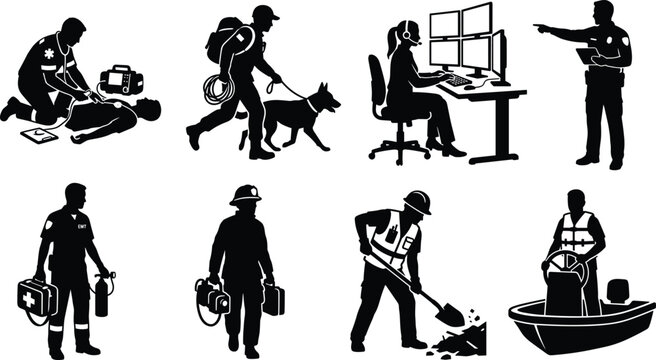 First responders and emergency rescue team black silhouette icon set with paramedic firefighter police dispatcher and lifeguard concepts isolated on white background