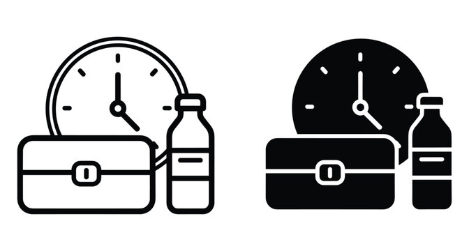 lunch box water bottle and clock icons representing meal time break schedule school nutrition work food storage and daily routine