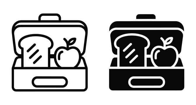 Lunch box icon set featuring open container with sandwich bread and apple fruit in outline and solid black graphic styles