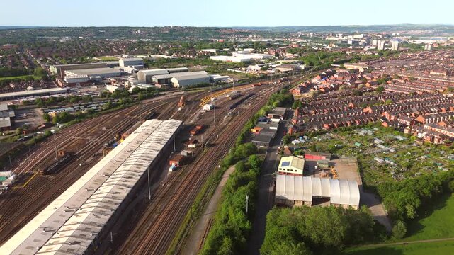 Newcastle upon Tyne UK: 25th May 2026: Drone footage captures Heaton Train Depot activity on a sunny morning with trains and tracks in view