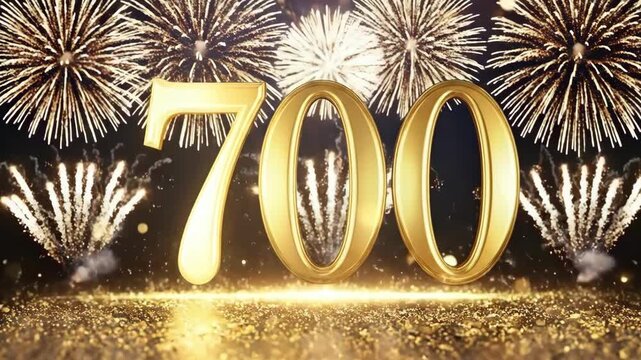 Golden number 700 with fireworks celebration background. 700th anniversary, milestone achievement, subscriber count, or follower celebration concept with sparkling gold glitter and bokeh.