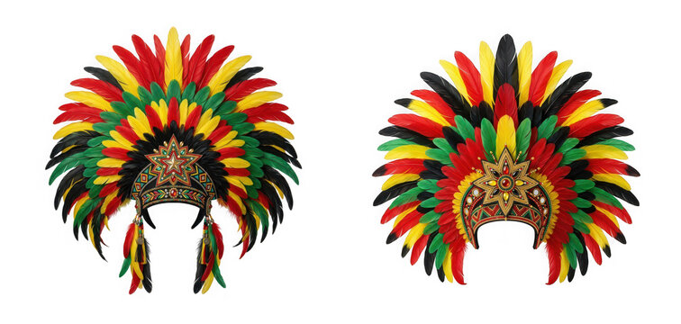 Two colorful feathered carnival headdresses isolated on transparent background