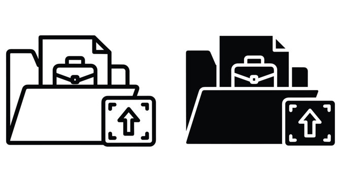 Business portfolio folder icon set with document briefcase and upload arrow for digital file management professional data storage folder icon
