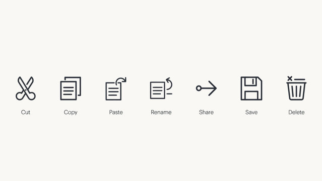 Modern flat icons set for edit file actions including cut, copy, paste, rename, share, save, delete