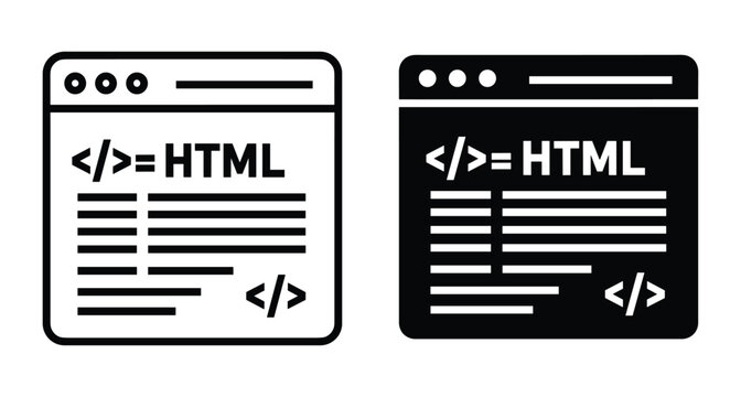 HTML code browser window icons for web development programming software engineering script tags internet digital technology interface design elements set