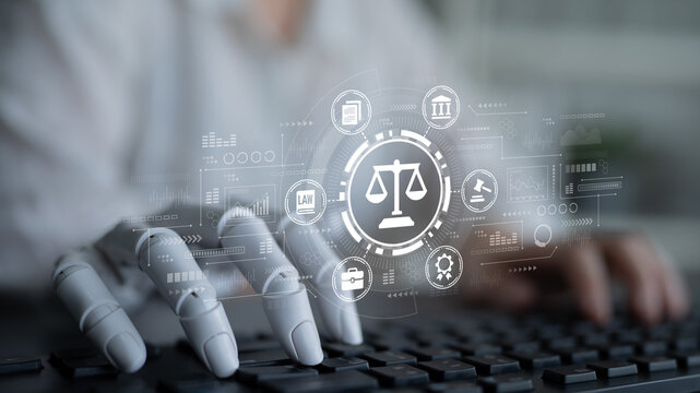 Futuristic Robotic Hand Typing Legal Information on a Computer Keyboard with Icons Representing Justice, Law, and Digital Technology Integration in a Modern Setting. Entropy.
