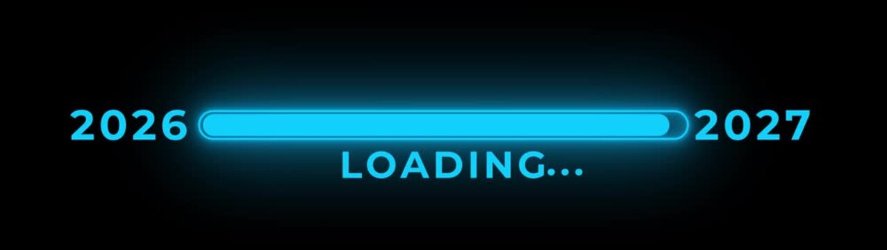 New year 2027 loading bar animation Year changing from 2026 to 2027. Loading bar from 2026 to 2027 new year transfer animation. Almost reaching New Year on black background.
