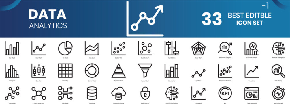 Business strategy growth development icons. target icon set, puzzle icon set, gear icon set. Data analytics icon set 33 editable icons for business intelligence and statistics