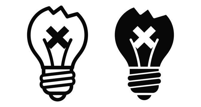 Broken light bulb icon with cross mark representing failure bad idea error malfunction lack of creative inspiration and power outage