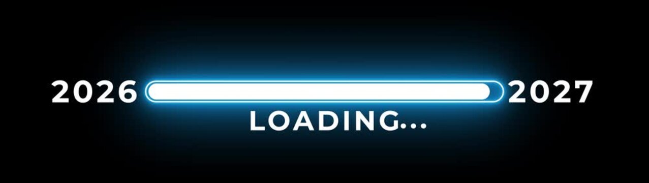 New year 2027 loading bar animation Year changing from 2026 to 2027. Loading bar from 2026 to 2027 new year transfer animation. Almost reaching New Year on black background.