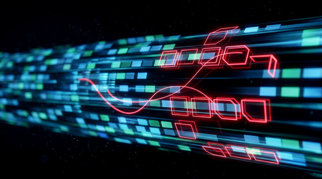 Digital data stream flowing through cyberspace with glowing red