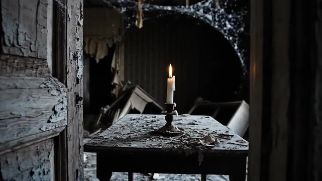 A single burning candle on an old wooden table illuminates a dark spooky abandoned house room creating a creepy eerie atmosphere perfect for commercial halloween or horror backgrounds