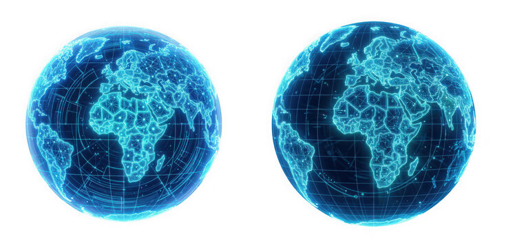 Digital glowing earth globes with network connections and data lines isolated on transparent background