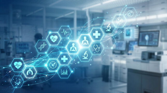 Futuristic medical laboratory with glowing digital healthcare icons and abstract data visualization interface in a modern research facility