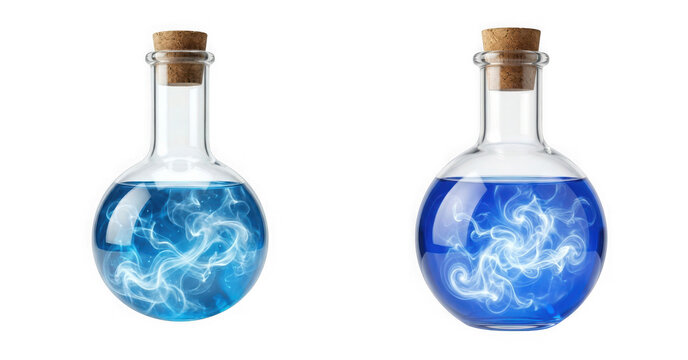 Two glass bottles with magical blue glowing liquid and swirling smoke isolated on transparent background