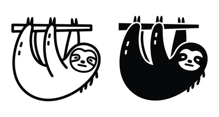 Fototapeta premium Cute sloth hanging from tree branch vector illustration set with outline and silhouette versions for stickers decals and craft projects
