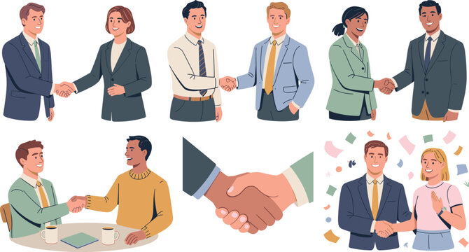 Business handshake and successful partnership vector character set with diverse corporate professionals shaking hands for agreement, networking, and greeting designs,