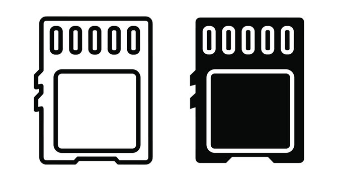 SD memory card icon set with outline and solid versions for digital storage data transfer photography and mobile device hardware