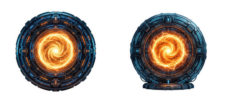 Futuristic scifi portal with glowing orange energy vortex isolated on transparent background