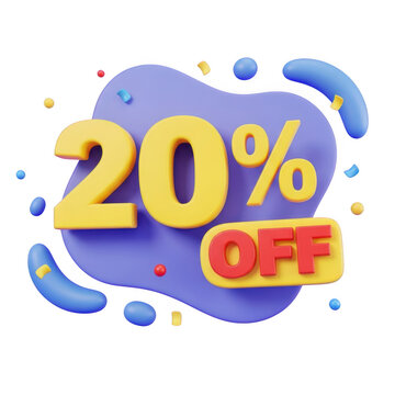 Bright yellow 20 percent off discount offer isolated on transparent background
