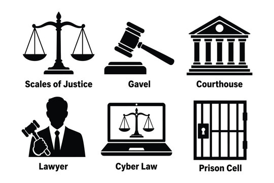 Legal practice and judicial courtroom icon set with attorney building litigation technology computer professional prosecution courtroom legislation government criminal