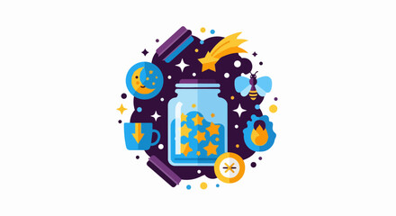 Fototapeta premium Flat Design Magical Star Jar Illustration - Whimsical Night Sky Concept with Moon, Firefly, and Shooting Star Icons