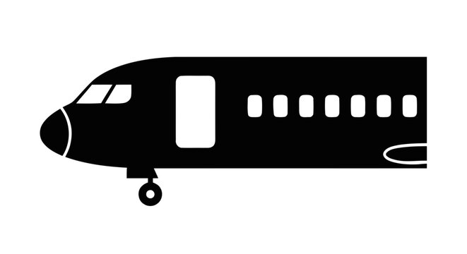 Vector illustration of black silhouette of an airplane side view icon on a transparent background