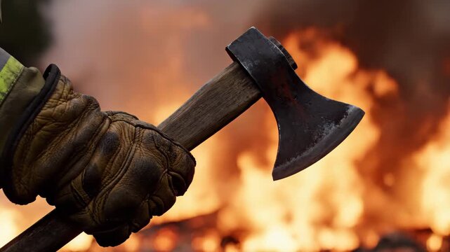 Firefighter's gloved hand holding an axe against a backdrop of intense flames and smoke