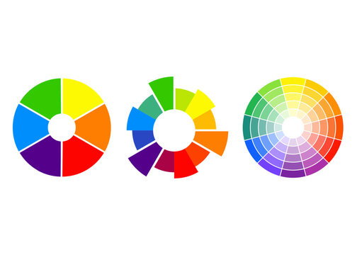 Three different artistic color wheel charts for design concepts with spectrum creative secondary visualization reference illustration isolated background gradient