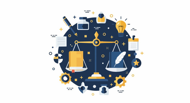 Flat Vector Illustration of Scales of Justice with Law Icons, Books, and Lightbulb for Legal, Educational, and Intellectual Property Concepts