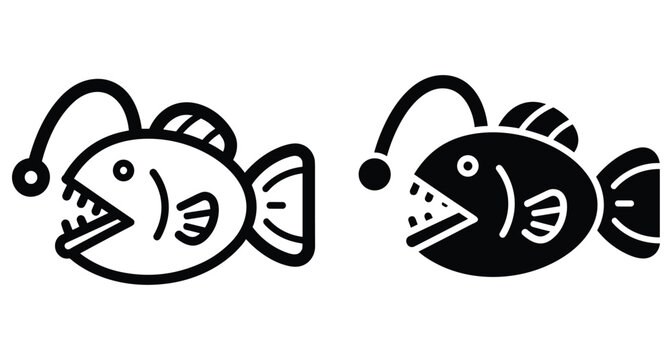 Anglerfish icon set featuring deep sea predator with bioluminescent lure sharp teeth and fins in outline and solid black styles