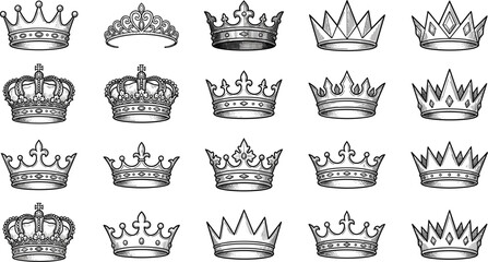Vintage royal crown sketch vector illustrations set with heraldic king queen tiara silhouettes on white background © Rakib