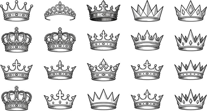 Vintage royal crown sketch vector illustrations set with heraldic king queen tiara silhouettes on white background