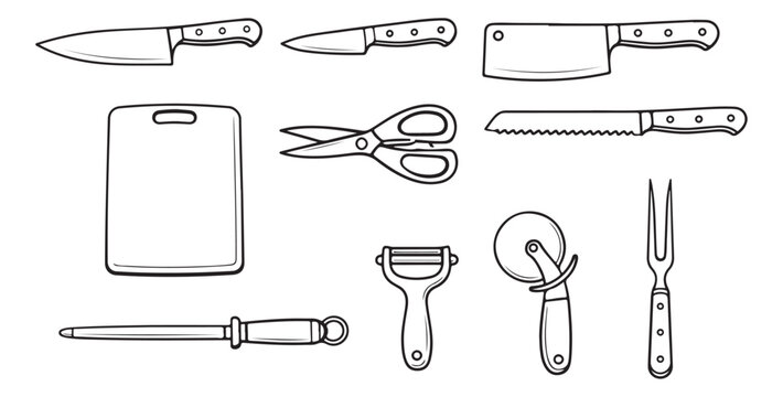 Professional kitchen knife set and cutlery icons, culinary chef tools vector collection, black and white line art cooking utensils for restaurant menu